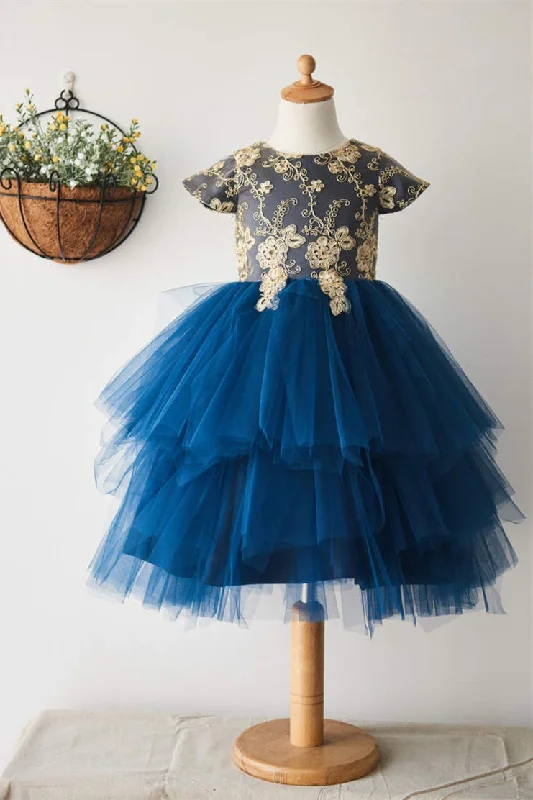 spaghetti strap dressCute Blue Tiered Tulle Flower Girl Dress with Appliques