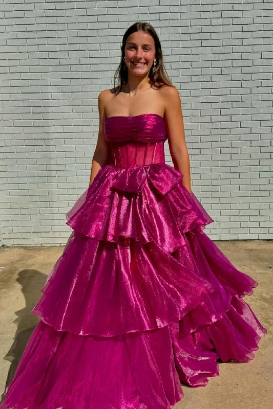 flowy maxi dressStrapless Fuchsia Corset A-line Long Formal Gown