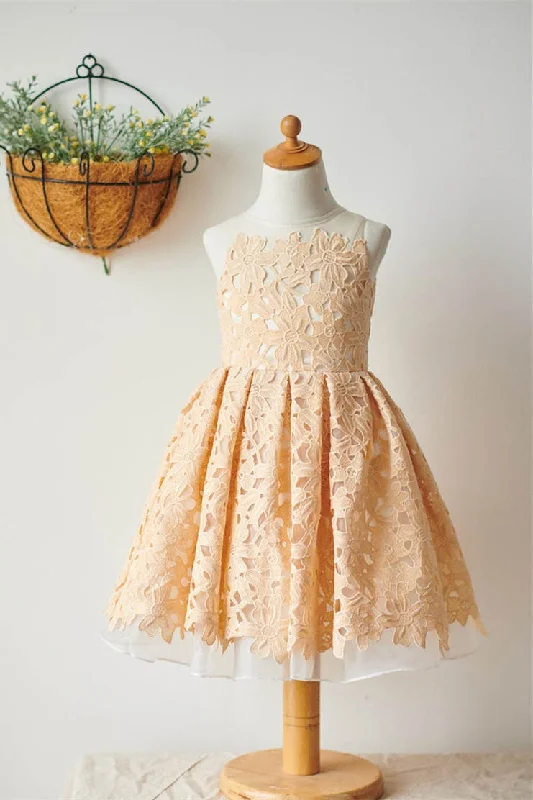 boho dressCrew Neck Champagne Lace Flower Girl Dress