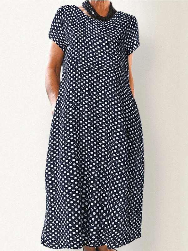 sleek midi dressCrewneck Polka Dot Print Short Sleeve Midi Dress