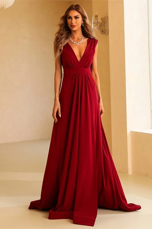 sleek midi dressSexy Red A-line Deep V Neck Long Party Dress