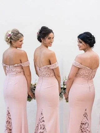 chic wrap dressElegant Off Shoulder Mermaid Blush Pink Long Bridesmaid Dress