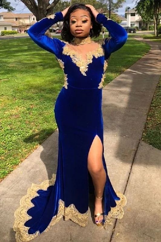 Special Discount Velvet Long Sleeves Mermaid Front Split Gold Apliques Prom Party Gowns Royal Blue