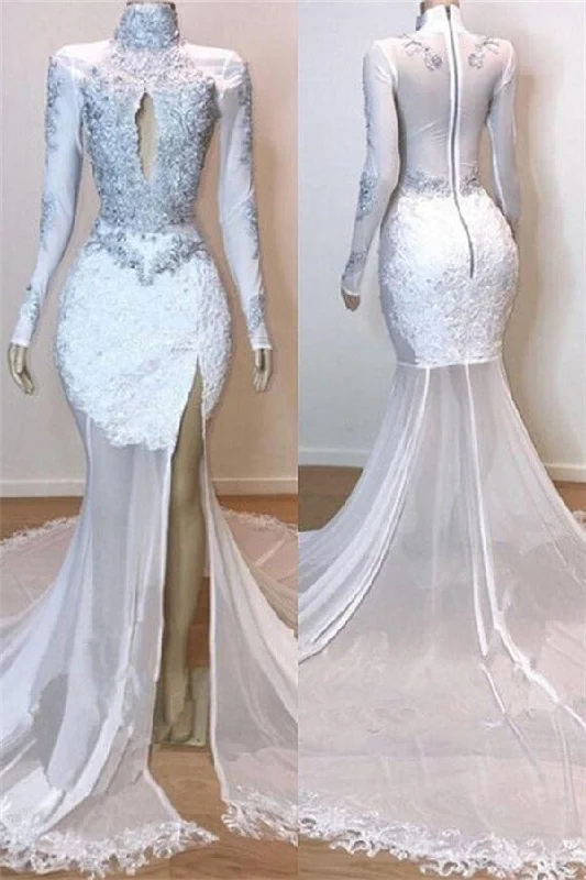 Act Fast White Gorgeous Lace Long Sleevess Prom Dresses Sheer Tulle Slit Mermaid Evening Gowns Act Fast White Gorgeous Lace Long Sleevess Prom Dresses Sheer Tulle Slit Mermaid Evening Gowns