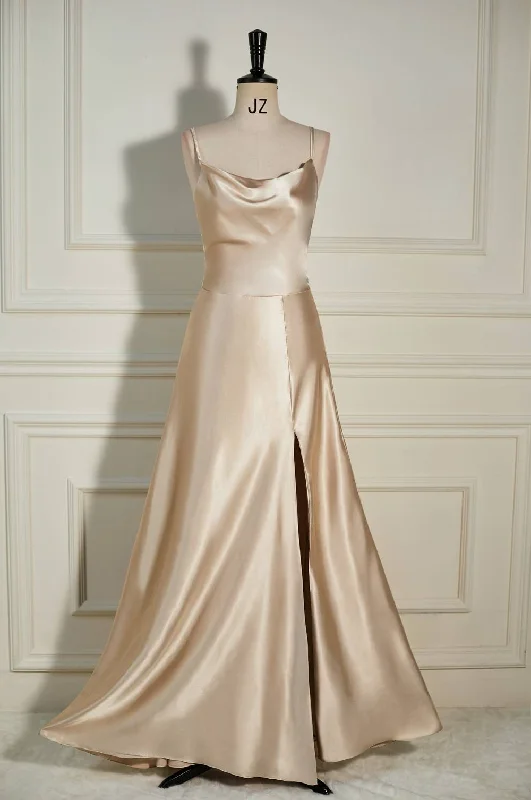 bohemian dressChampagne Cowl Neck Straps A-line Satin Long Dress with Slit