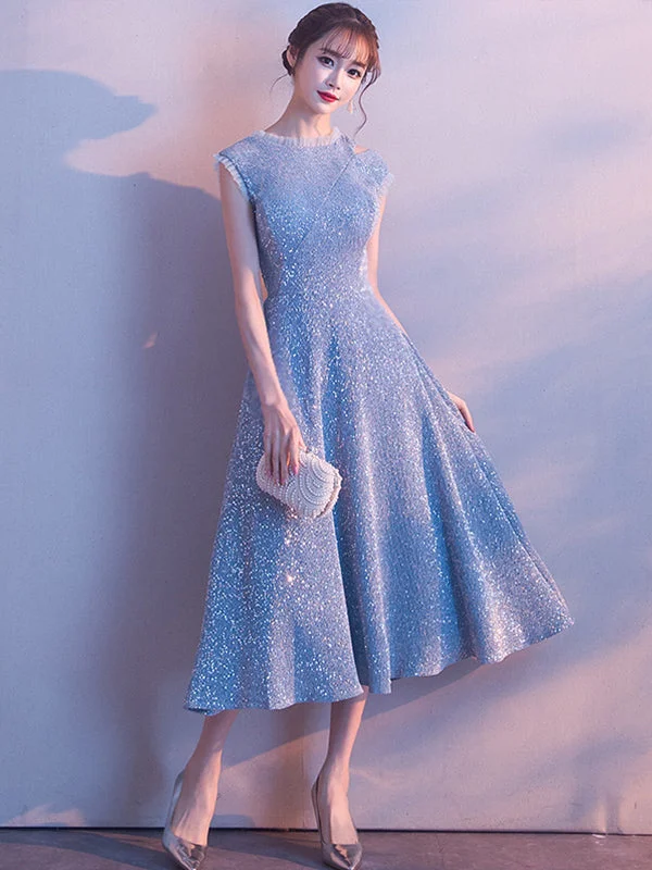Low Prices Cap Sleeve Light Blue Sparkly Homecoming Dress Tea Length Prom Evening Dress TB336 Low Prices Cap Sleeve Light Blue Sparkly Homecoming Dress Tea Length Prom Evening Dress TB336