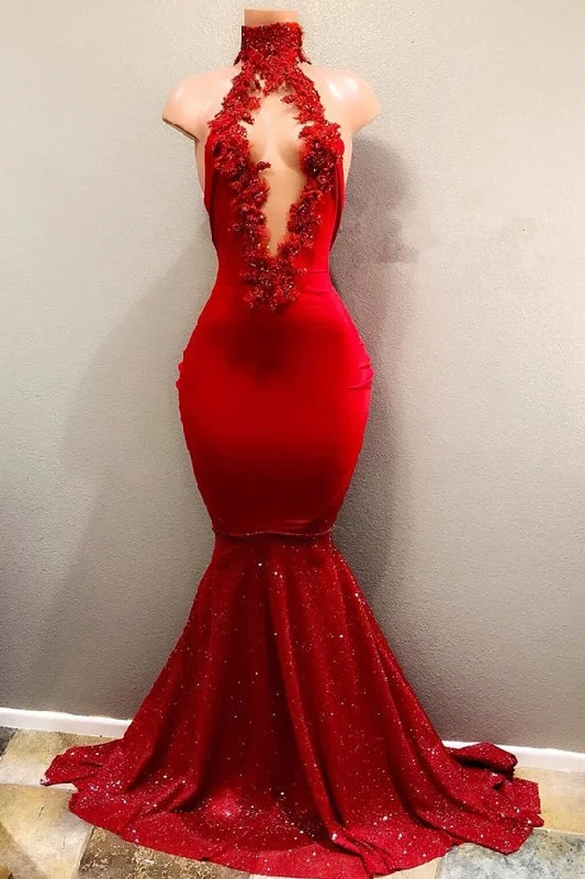 Sale Event Trendy Mermaid Red Lace High Neck Prom Party Gowns| Red Prom Party Gowns