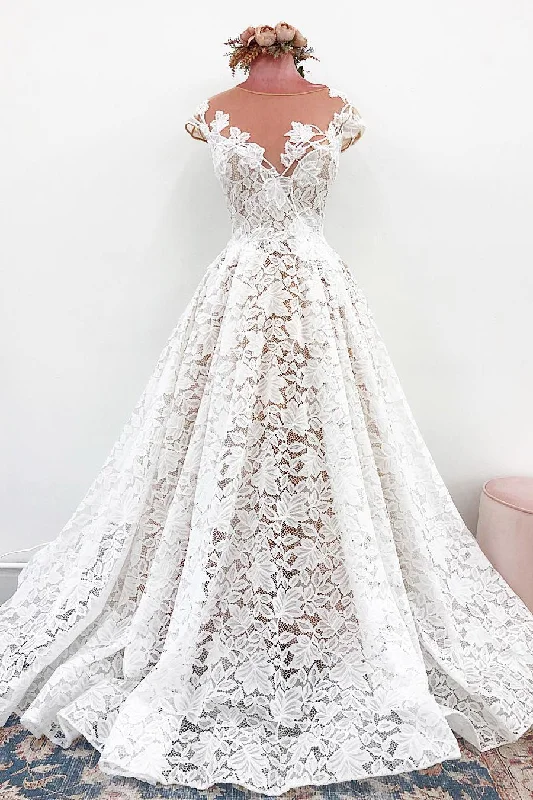 minimalistic dressIllusion Neck All Over Lace Wedding Dress with Court Train