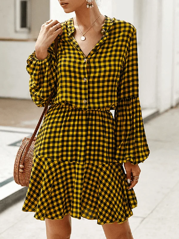 backless dressLong Sleveed Plaid Stand Collar Causal Shirt Dress for Women