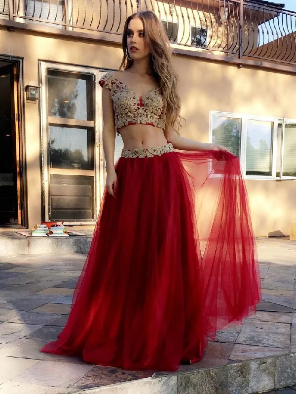 Markdowns Two Piece Prom Dresses A-line V-neck Floor-length Appliques Burgundy Long Prom Dress JKS290 Markdowns Two Piece Prom Dresses A-line V-neck Floor-length Appliques Burgundy Long Prom Dress JKS290