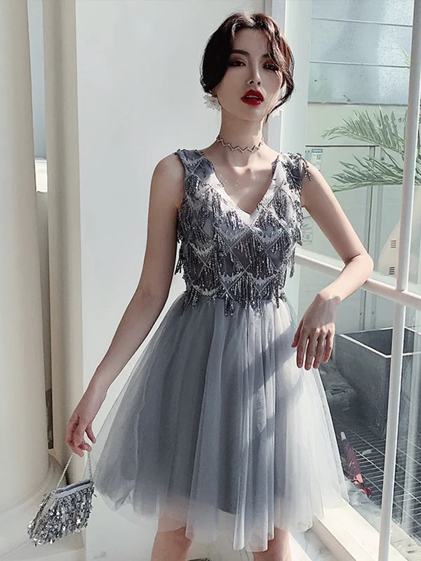 Great Deals A Line V neck Beaded Silver Homecoming Dress with Straps Short Prom Dress,Party Dress TB334 Great Deals A Line V neck Beaded Silver Homecoming Dress with Straps Short Prom Dress,Party Dress TB334