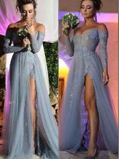 Crazy Deals Long Sleeve Prom Dresses with Slit A-line Long Prom Dress Lace Evening Dress JKL1349 Crazy Deals Long Sleeve Prom Dresses with Slit A-line Long Prom Dress Lace Evening Dress JKL1349