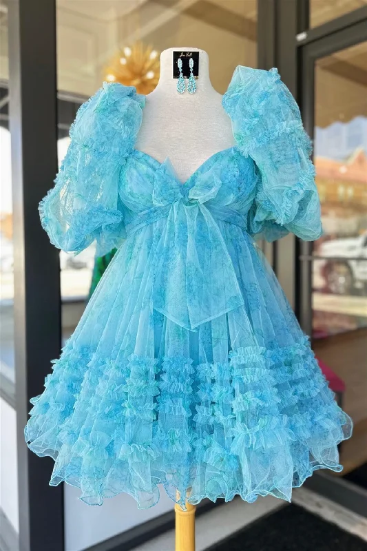 Lowest Price formal dressBlue Puff Sleeves Ruffles Babydoll Homecoming Dress with Bow Lowest Price formal dressBlue Puff Sleeves Ruffles Babydoll Homecoming Dress with Bow