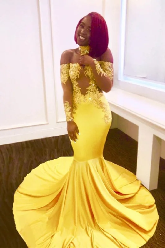 Final Sale Off-the-shoulder yellow prom dress, mermaid long evening gowns