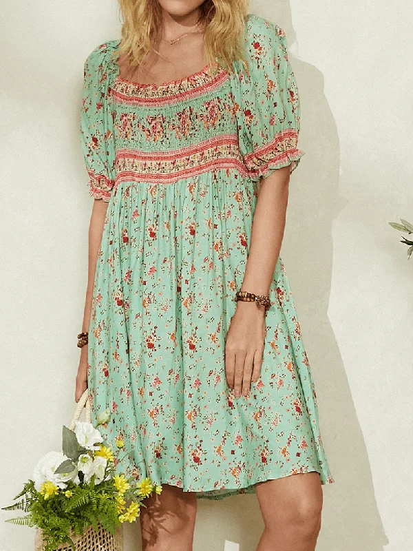 vintage dressWomen Ditsy Floral Print Shirred Detail Half Sleeve Vintage Midi Dresses