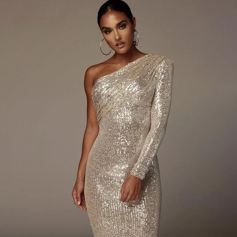 floral wrap dressOne-Shoulder Strapless Waist Sequined Shiny Catwalk Stage Dress