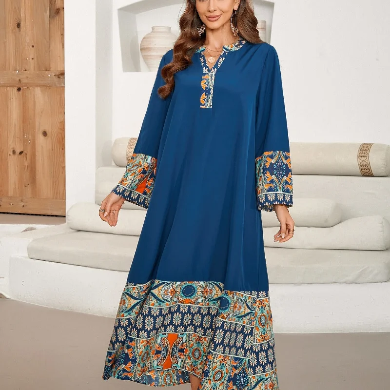 elegant shift dressPrinted Long Patchwork V-neck Elegant Mid-length Sleeve Dress