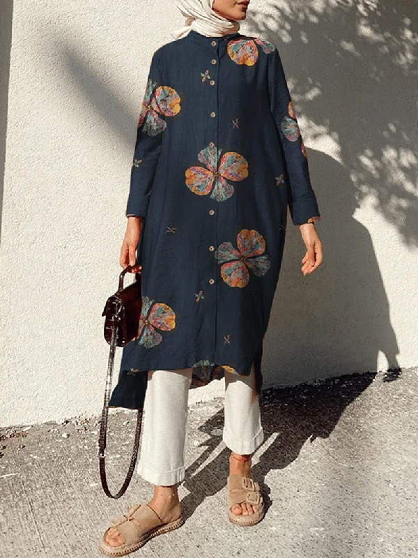 draped dressWomen Cotton Flowers Print Kaftan Long Sleeve Retro Shirt Dress