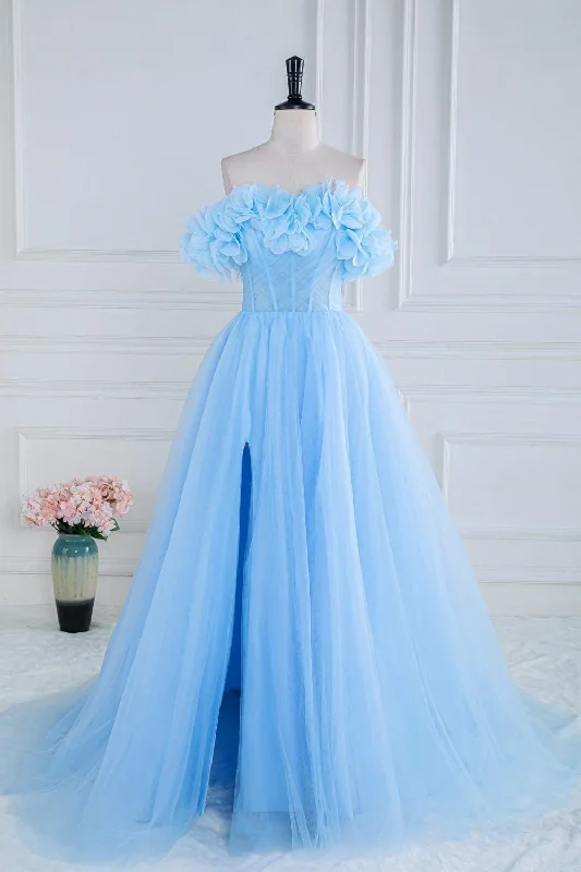 structured dressLight Blue Flowers Off-Shoulder A-line Long Prom Dress with Slit