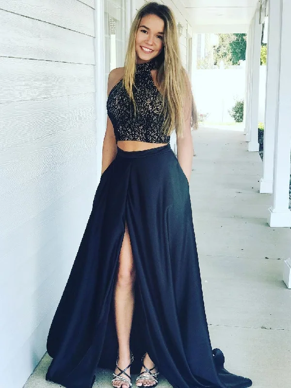 Weekend Deal Two Piece Prom Dresses High Neck A-line Sweep Train Long Sexy Slit Prom Dress JKS300 Weekend Deal Two Piece Prom Dresses High Neck A-line Sweep Train Long Sexy Slit Prom Dress JKS300