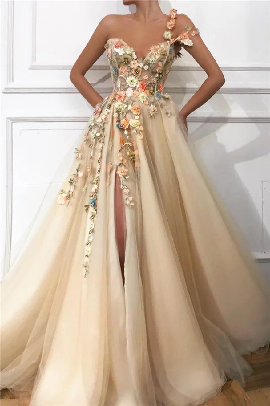 Final Sale Chic One Shoulder Strap Tulle Sweetheart Front Slit Appliques Flowers Prom Party Gowns Final Sale Chic One Shoulder Strap Tulle Sweetheart Front Slit Appliques Flowers Prom Party Gowns