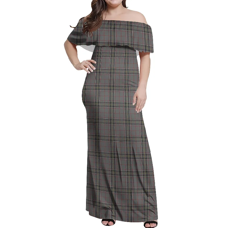 Super Sale Stewart Grey Tartan Off Shoulder Long Dress