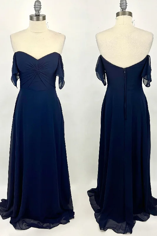 Limited Availability one-shoulder dressKnot Off the Shoulder Navy Blue Chiffon Long Bridesmaid Dress Limited Availability one-shoulder dressKnot Off the Shoulder Navy Blue Chiffon Long Bridesmaid Dress