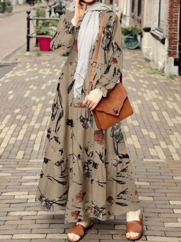 ruched dressWomen Retro Floral Printing Puff Sleeve O-Neck Casual Holiday Maxi Dress