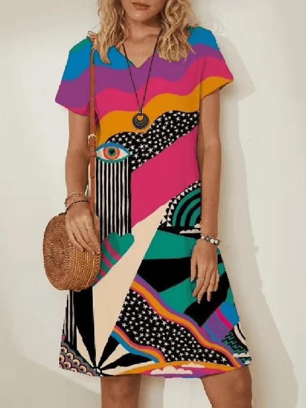 off-shoulder dressWomen Colorful Mixed Abstract Print V-Neck Casual Short Sleeve Midi Dresses