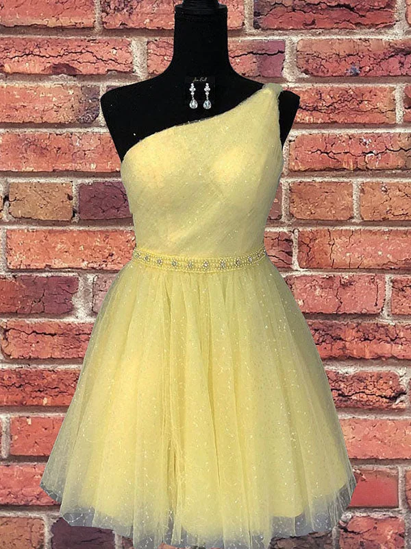 Bonus Savings One Shoulder Yellow Chic Tulle Sparkly Homecoming Dress Cute Graduation Dress AN610 Bonus Savings One Shoulder Yellow Chic Tulle Sparkly Homecoming Dress Cute Graduation Dress AN610