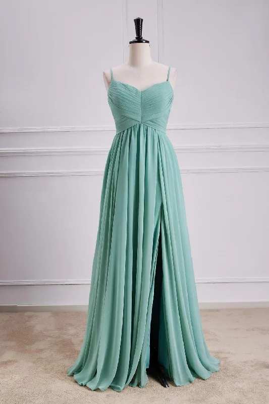 trendy dressMint Green Spaghetti Straps A-line Long Bridesmaid Dress with Slit