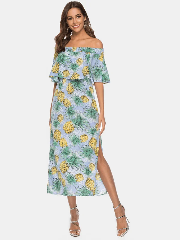 puff sleeve dressWomen off Shoulder Floral Print Split Causal Midi Dress