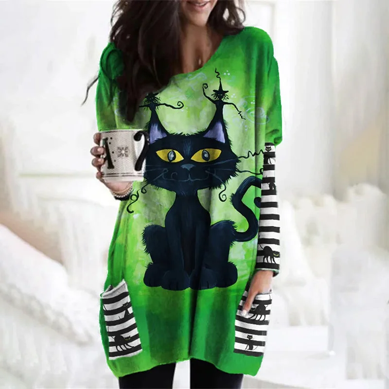 elegant shift dressCat Print Halloween Shirt Dress