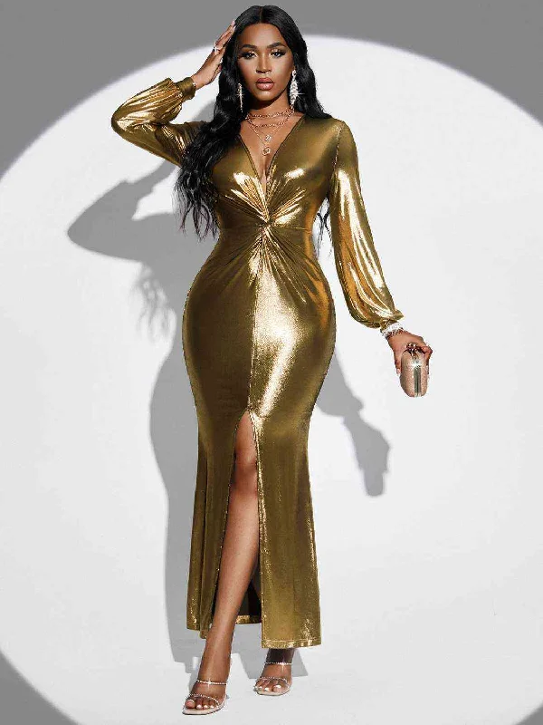 puff sleeve dressPlunge Twisted Slit Sexy Gold Long Sleeve Bodycon Midi Gold Dress