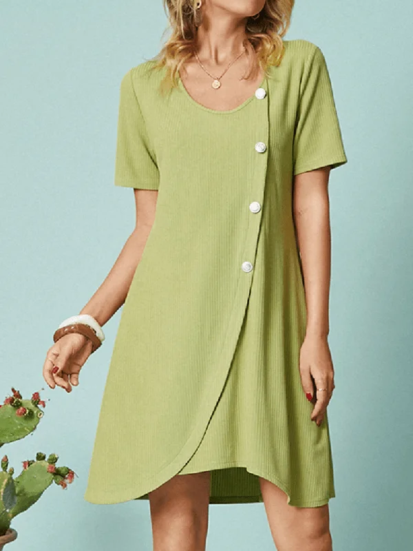 cocktail dressButton Solid Color Short Sleeve O-Neck Casual Dress for Women