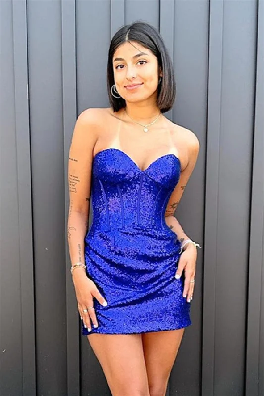 Super Deal t-shirt dressRoyal Blue Strapless Sequins Sheath Homecoming Dress