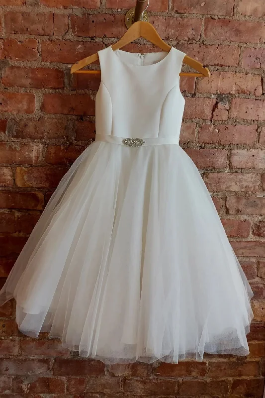 v-neck dressWhite Jewel Sleeveless Buttons Long Flower Girl Dress with Silver Adornment