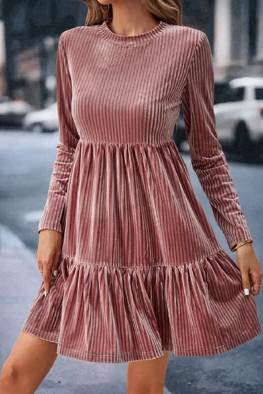 The Best Prices Pale Chestnut Long Sleeve Tiered Textured Velvet Dress
