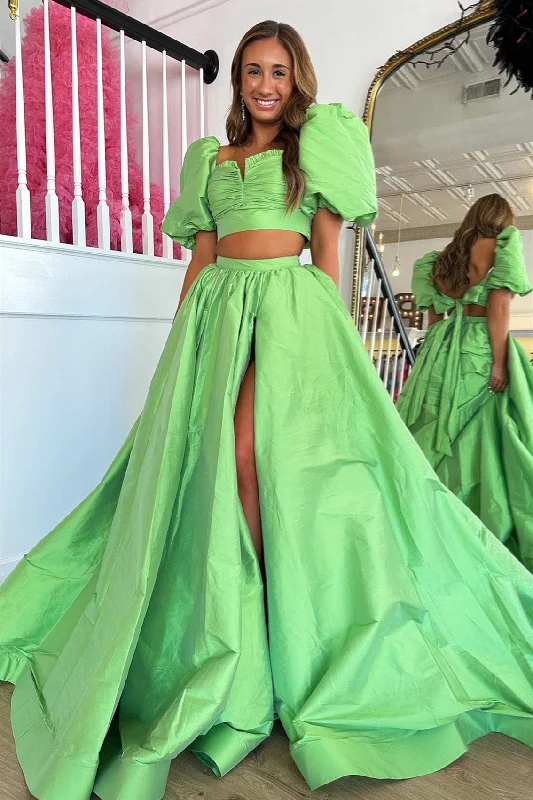 Epic Deals stylish dressGreen Puff Sleeves Bow Tie Back Two-Piece Aline Long Prom Dress with Slit