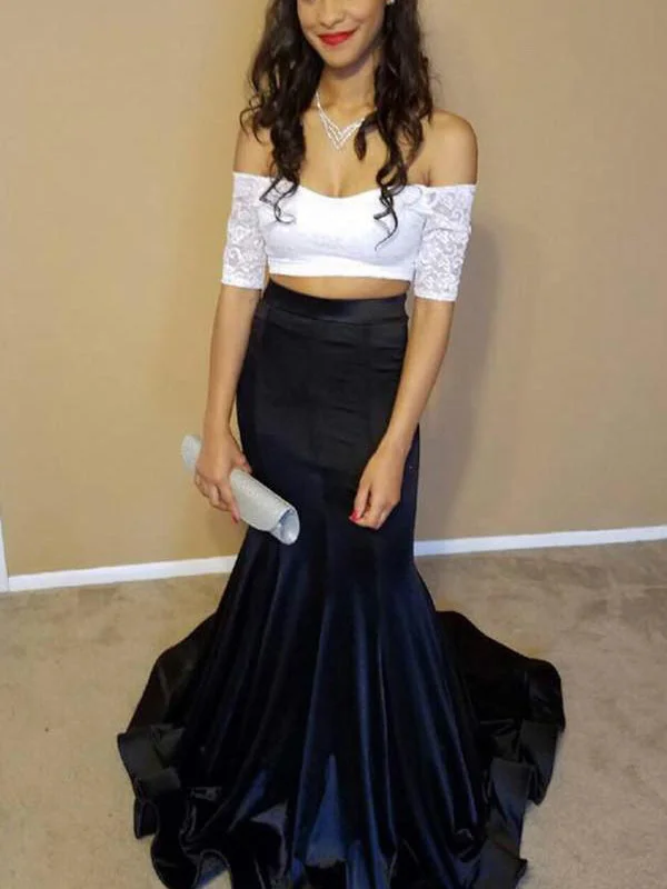 Major Savings Two Piece Prom Dresses Off-the-shoulder White and Black Prom Dress Long Evening Dress JKL794 Major Savings Two Piece Prom Dresses Off-the-shoulder White and Black Prom Dress Long Evening Dress JKL794
