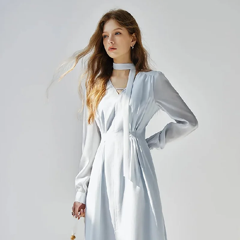 oversized dressFrench Style V-Neck Light Blue Ribbon Dress