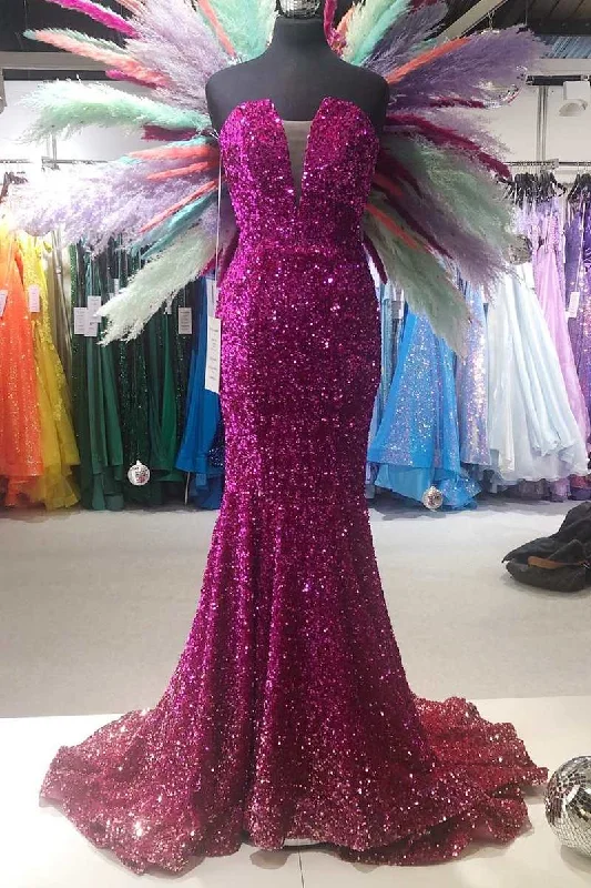 Stock Up and Save silk dressFuchsia Sequin Strapless Mermaid Long Formal Dress