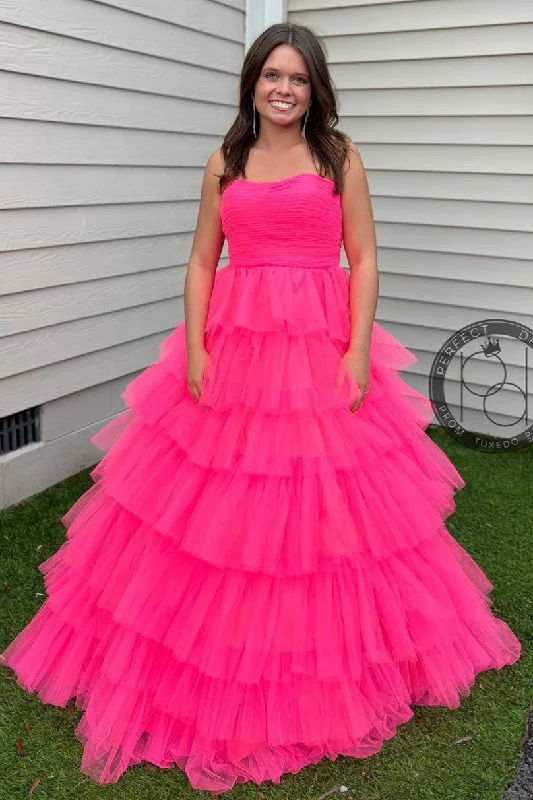 Unbeatable Prices denim dressFuchsia Strapless Ruffle Layers Pleated Long Prom Dress