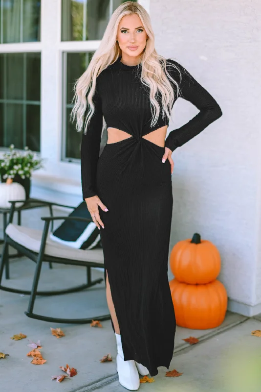 Season Finale Sale Black Ribbed Twist Cutout Long Sleeve Dress
