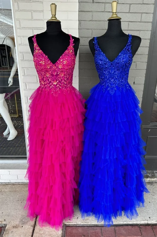 Overstock elegant evening dressFuchsia Layers Floral Tulle A-line Long Prom Dress