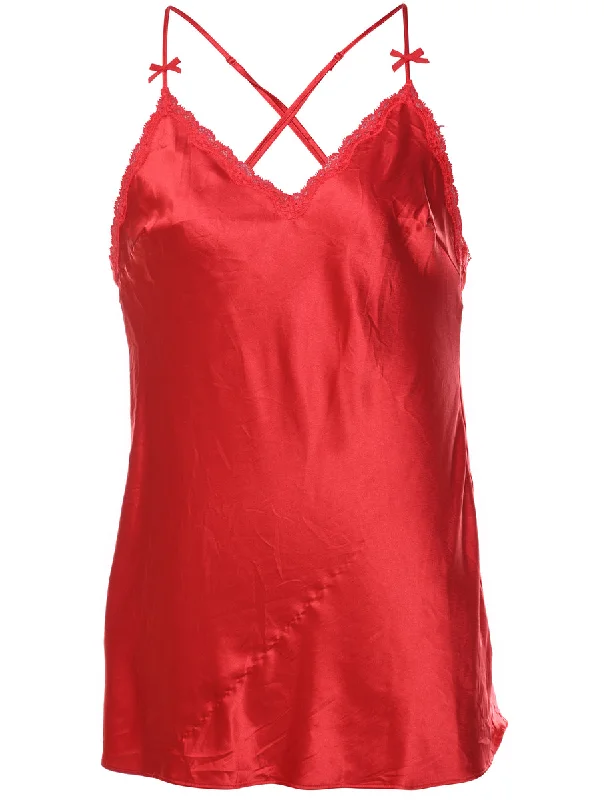 trendy casual outerwearCriss-Cross Back Red Lace Trim Silky Camisole Top - M