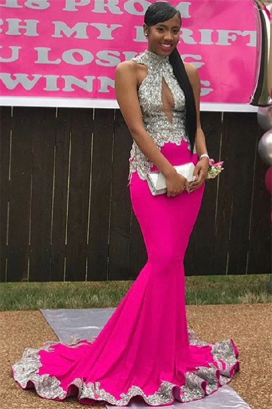 Super Deal Chic High-Neck Backless Sleeveless Applique Mermaid Prom Party Gowns