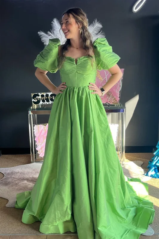Super Bargain layered dressGreen Ruffled Puff Sleeves Satin Long Prom Dress