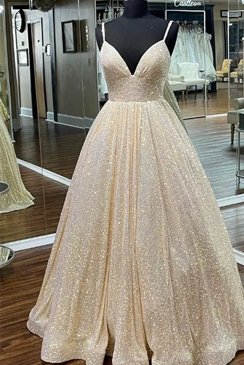 Can't Miss velvet dressChampagne Sequin Empire A-line Long Prom Dress