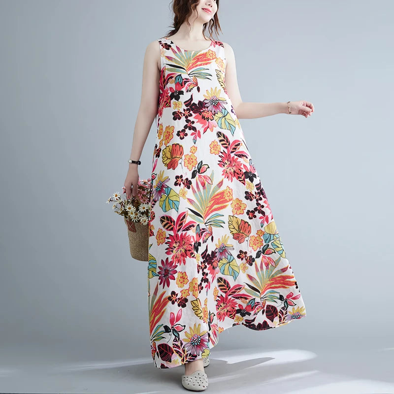 fitted bodycon dressFloral Print Cotton Linen Long Dress